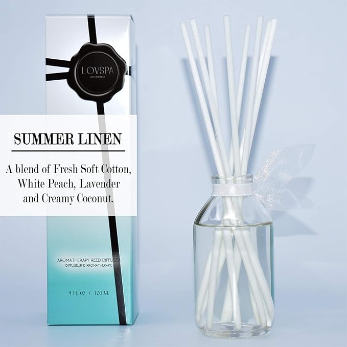 LOVSPA Reed Diffuser Set, Summer Linen Scented Oil Diffuser with Sticks, Home Fragrance Accessories for Bathroom Shelf Decor, Aroma Diffusers for Home or Office Desk, USA Made