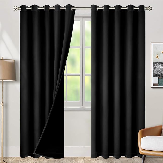 BGment Thermal Insulated 100% Blackout Curtains for Bedroom with Black Liner, Double Layer Full Room Darkening Noise Reducing Grommet Curtain (60 x 84 Inch, Black, 2 Panels)