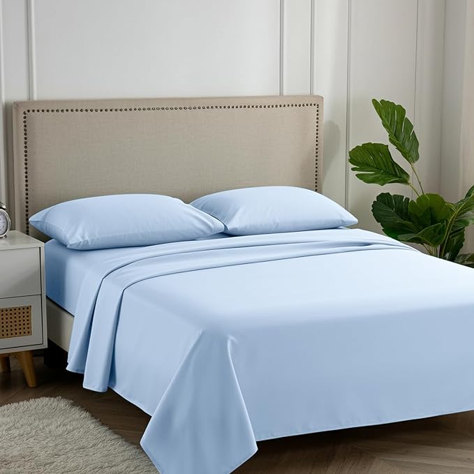 Carressa Linen 100% Egyptian Cotton Full Size Sheets - 600 Thread Count Full Size Egyptian Cotton Sheets (4 PC, Sky Blue), Soft, Cooling, 16" Deep Pocket Sateen Weave Luxury Hotel Bed Sheet Set