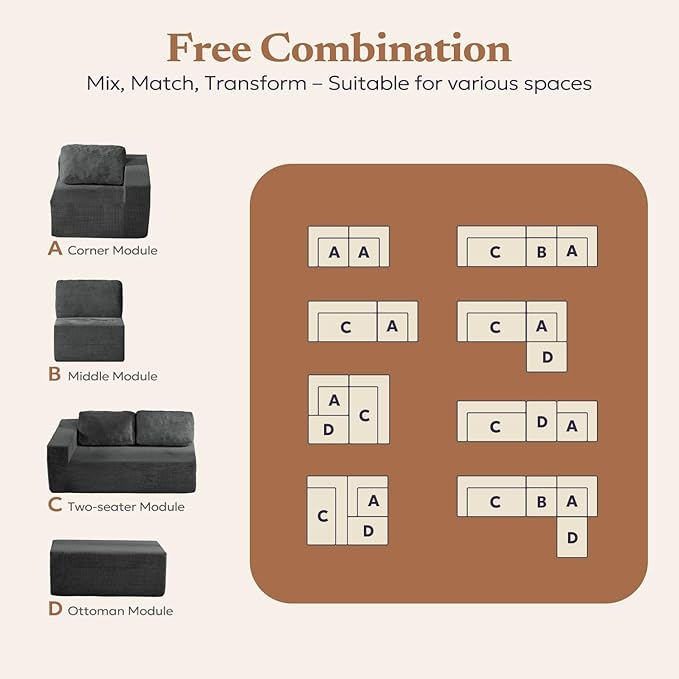 30" Modular Upholstered Foam Couch, Upholstered Floor Sofa Couch with Pillow, Bean Bag Chair for Bedroom Living Room, No Assembly Required (Corduroy Fabric, Grey)