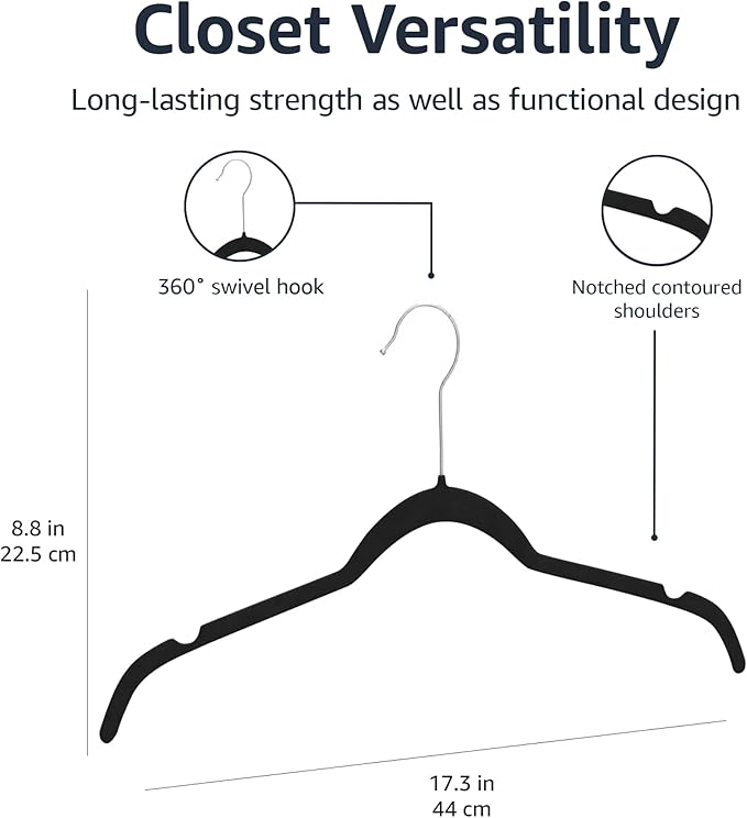 Amazon Basics Non-Slip Shirt Clothes Hangers Velvet, Space-Saving Slim, Sturdy, Black, Pack of 50