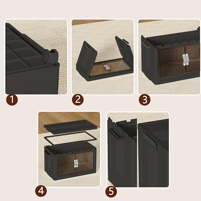 Stackable Storage Bins, Plastic Closet Organizer Folding Container with Lid & Wheel, Collapsible Storage Cabinet with Door, Foldable Storage Boxes for Home, Pantry, Office (L, Gray 3-Tier)