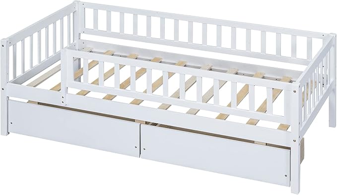 Bellemave Twin Bed Frames with Rails for Kids, Twin daybed Frame with Drawers for Boys/Girls/Adults，White