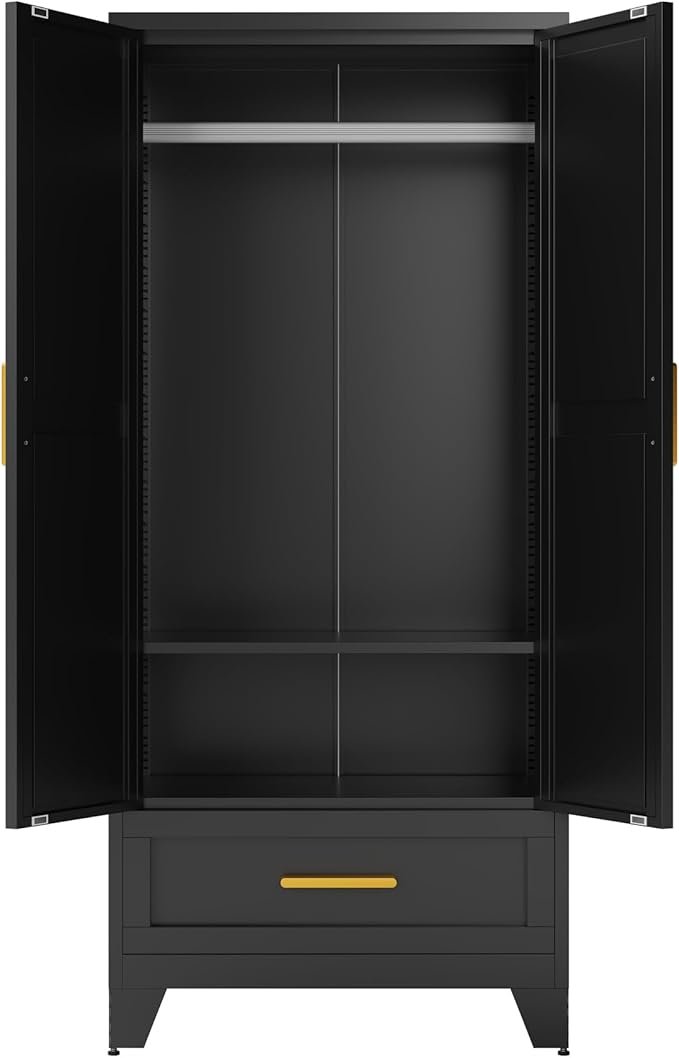 COFaR 71 Farmhouse Metal Wardrobe Closet with Hanging Rod, 2 Barn Doors, Adjustable Shelves, Steel Armoire with Drawer for Home, Bedroom Black