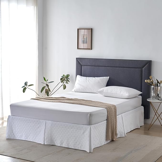 Queen Size Bed Skirt, Pleated Knitted Jacquard Waffle Weave Striped Bed Skirt, Tailored Dust Ruffle 18 Inch Drop Easy Fit, Machine Washable (White, Queen - 18" Drop)