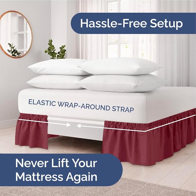 Wrap Around Dust Ruffle Bed Skirt - Burgundy - for King Size Beds with 24 Inch Drop - Easy Fit Elastic Strap - Adjustable Pleated Bedskirt w/Brushed Fabric Wrinkle Free - for Women, Men, Kids & Teens