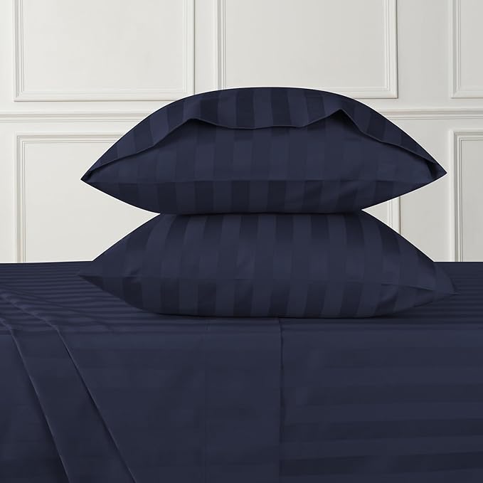 URBANHUT 800 Thread Count 100% Cotton Damask Queen Size Sheets, 4 Piece Striped Queen Size Bedsheets, Luxury Hotel Sheets Sateen Weave - Better Than Egyptian, 16" Elasticized Deep Pocket- Navy Blue