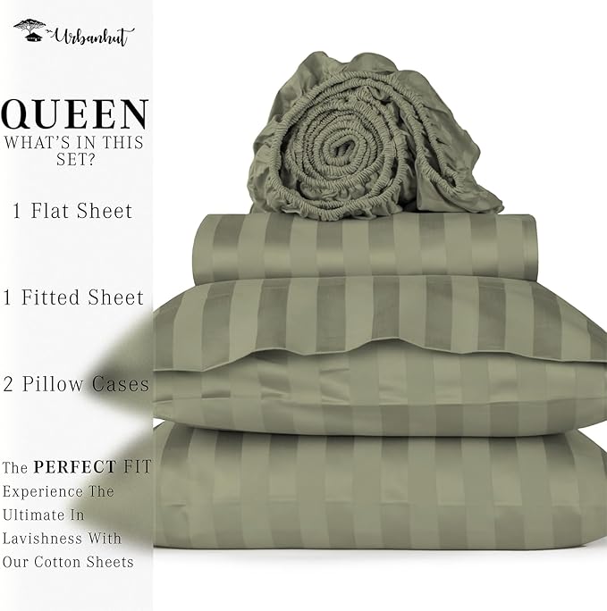 URBANHUT 800 Thread Count 100% Cotton Damask Queen Size Sheets, 4 Piece Striped Queen Size Bedsheets, Luxury Hotel Sheets Sateen Weave - Better Than Egyptian, 16" Elasticized Deep Pocket- Sage