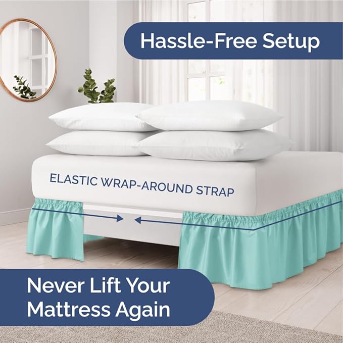 Wrap Around Dust Ruffle Bed Skirt - Spa Blue - for Full Size Beds with 12 Inch Drop - Easy Fit Elastic Strap - Adjustable Pleated Bedskirt w/Brushed Fabric Wrinkle Free - for Women, Men, Kids & Teens