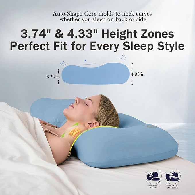 Cervical Neck Pillow for Memory Foam – Soft Ergonomic Side Sleeper Pillow for Neck Pain Relief, Ice Silk Zipperless Pillowcase, Eco-Friendly and Durable Material
