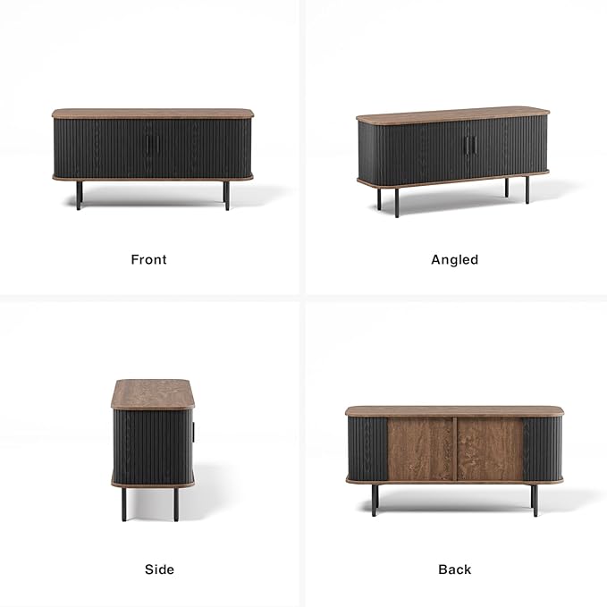 47''W Black Cabinet with Storage, Media Console, Tambour TV Stand, Television Stands with Curvy Edge; Sliding Door, Fluted Cabinet, Buffet Sideboard, Credenza, Table Stand for Living Room, Kitchen