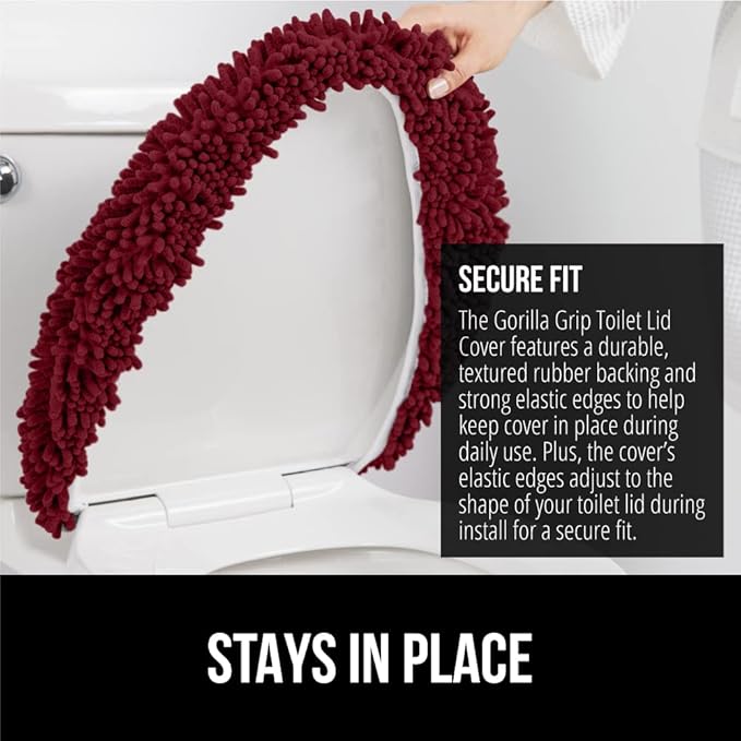 GORILLA GRIP Soft Chenille Bathroom Toilet Lid Cover, Machine Washable Seat Covers, 19.5x18.5, Stays in Place Rubber Backing, Fits Most Round, Elongated and Oblong Lids, Accessories Decor, Burgundy