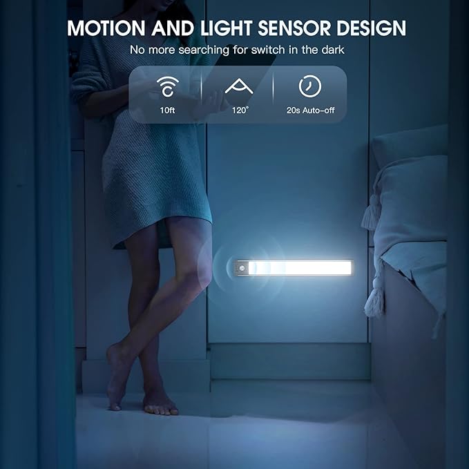 10inch Under Cabinet Lighting with 3 Color Temps, 2 Pack Rechargeable Motion Sensor Light Indoor, 5 Levels Dimmable Magnetic Closet Lights, Wireless Under Counter Lights for Kitchen, Stairs
