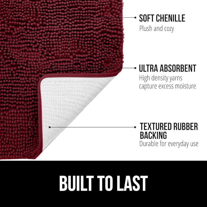 GORILLA GRIP Bathroom Rug Sets 3 Piece, Bath Mat Set and Oval Toilet Base with Rubber Backing, Plush Absorbent Shaggy Chenille Washable Mats, Includes 24x19.5, 24x17 and 36x24 Inch Rugs, Burgundy
