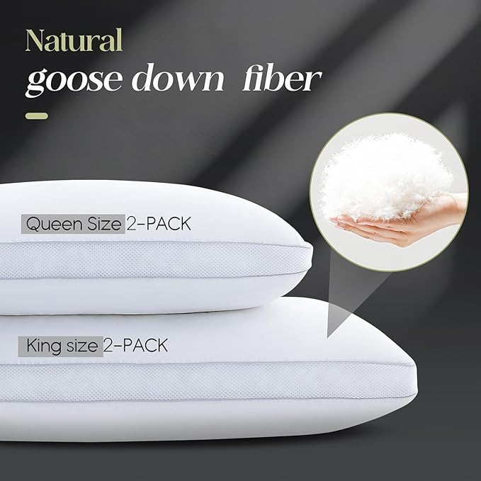 Goose Down Bed Pillows Queen Size Set of 2 (White), Hotel Collection Pillows for Sleeping, Gusseted Pillow for Side, Back, or Stomach Sleepers, 20" x 30"