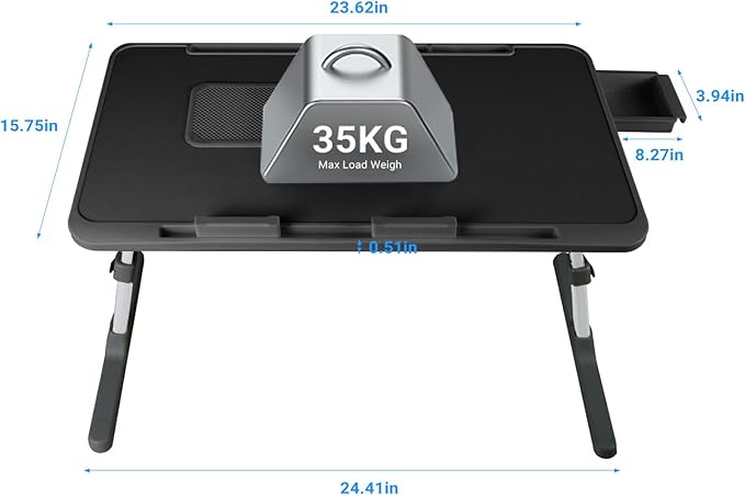 Laptop Lap Desk with Cooling Fan - Adjustable with Light, USB, Storage Drawer - Folding Bed Desk,23.62"*15.74",Black
