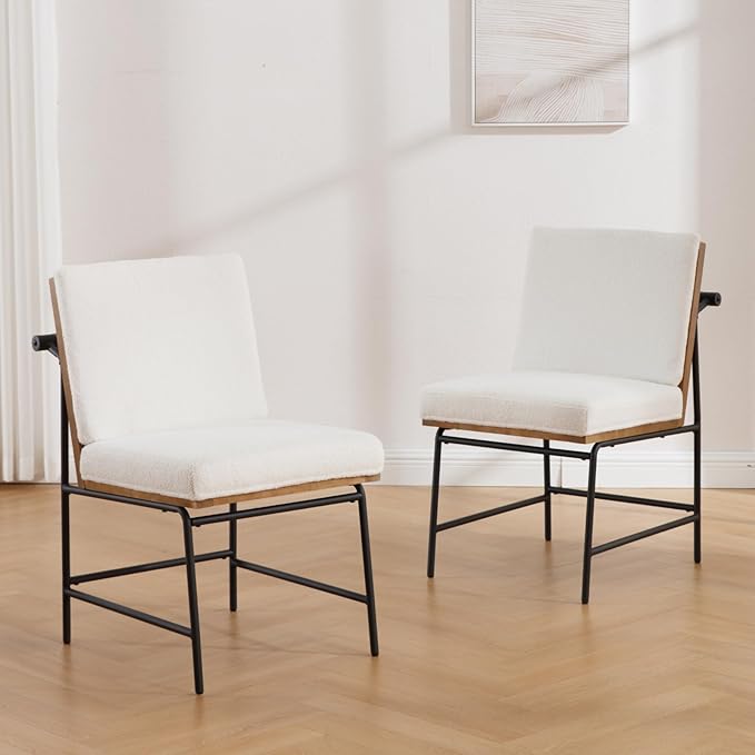 Modern Dining Chairs Set of 6, Comfy Sherpa Fabric Armless Upholstered Side Chairs with Wooden Backrest Black Metal Legs for Dining Room Living Room, White