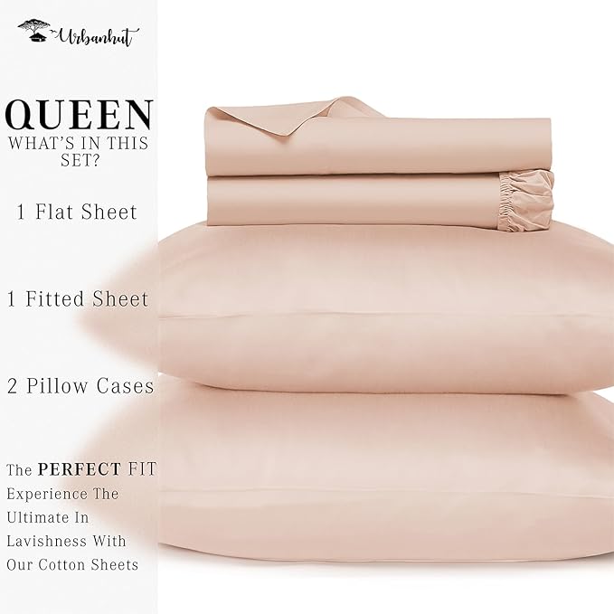 URBANHUT 800 Thread Count 100% Cotton Queen Size Sheets, Luxury 4 Piece Queen Bedsheets, Hotel Sheets Sateen Finish - Better Than Egyptian, 16" Elasticized Deep Pocket - Blush Pink