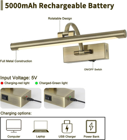 Wireless Picture Lights Rechargeable Gallery Lighting Battery Picture Frame Light with Remote and Timer, Adjustable Art Light for Paintings, Portraits, Antique Bronze Finish 16'' Inch 3W 2700K