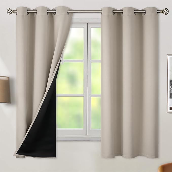 BGment Thermal Insulated 100% Blackout Curtains for Bedroom with Black Liner, Double Layer Full Room Darkening Noise Reducing Grommet Curtain (38 x 63 Inch, Cashmere, 2 Panels)