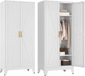 COFaR Metal Wardrobe Cabinet, 71" Farmhouse Storage Cabinet with Hanging Rod, 2 Barn Door, 2 Adjustable Shelves and Legs, for Bedroom, Laundry Room, Cloak Room, Gym, Office, School (White)