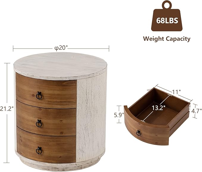 COSIEST Bedside Table Set of 2, Wood Nightstand 3 Drawers, Farmhouse Round End Table with 3 Drawers, Dresser with Drawers for Bedroom, Living Room