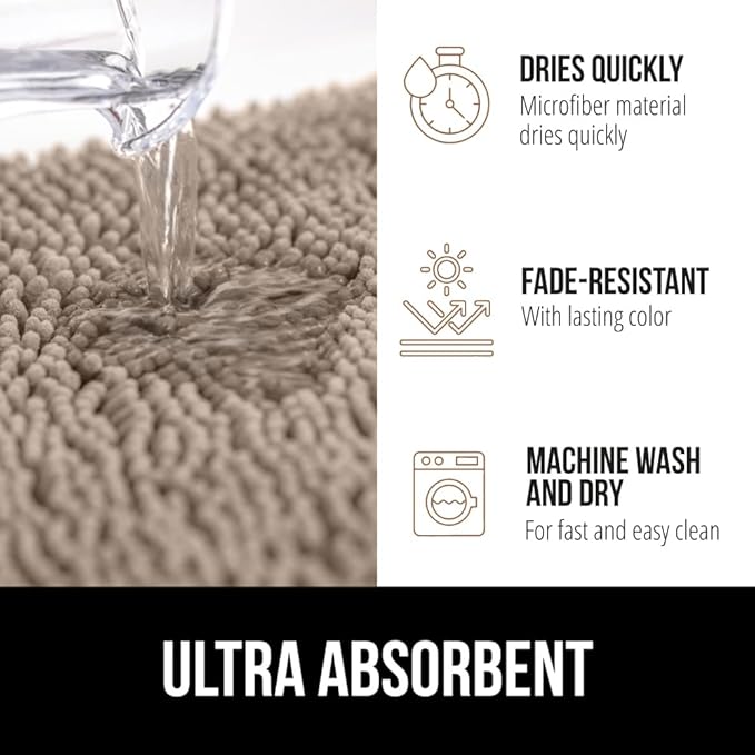 GORILLA GRIP Bath Rug Mat 48x24, Thick Absorbent Chenille, Quick Dry Microfiber Mats, Rubber Backing Washable Shower Floor Rugs, Bathmat Runner, US Designed Bathroom Home Decor Accessories Gray Beige