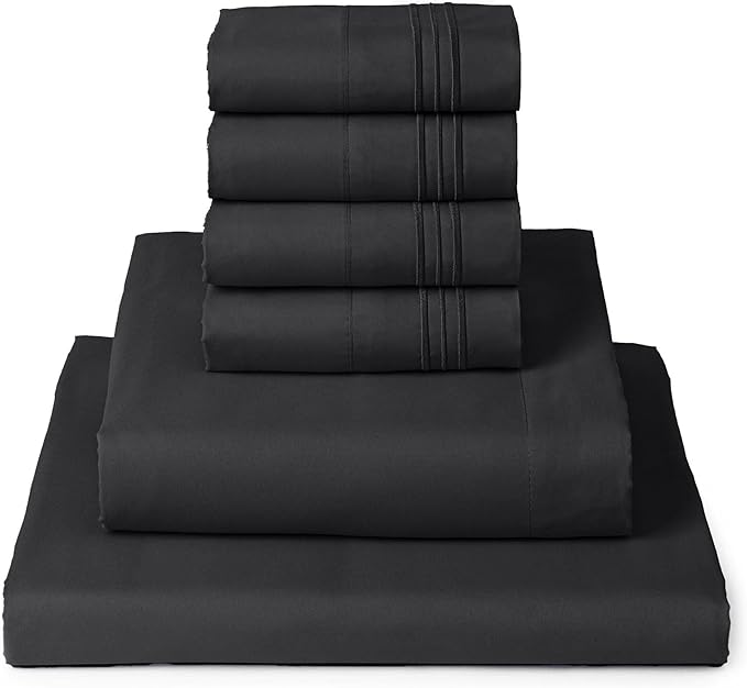 Mellanni King Sheet Set - 6-Piece Iconic Collection Bedding, (Including 4 Pillowcases), 16-Inch Deep Pocket, Easy Care, Extra Soft, Cooling Sheets, Brushed Microfiber - Black
