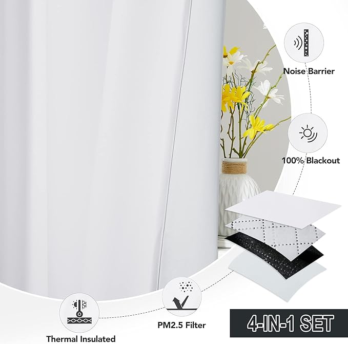 RYB HOME Dustproof Curtains for Large Window, Soundproof Thermal Insulated Blackout Curtains for Sliding Glass Door Furance Office Dorm Bedroom Living Room, White, W62 x L95 inch, 2 Panels