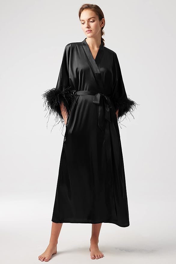 PRODESIGN Satin Kimono Robe Long Silky Bathrobe with Ostrich Feather Trim Sleepwear Wedding Bridesmaid Dressing Gown