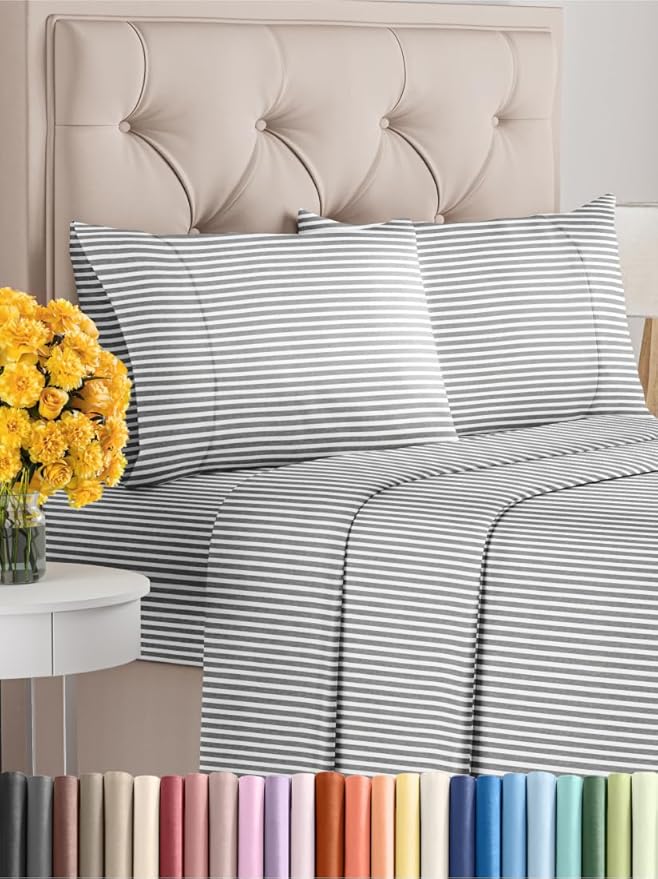 King Size 4-Piece Sheet Set - Extra Soft, Breathable & Cooling - Hotel Luxury Durable Bed Sheets - Deep Pockets, Easy-Fit & Wrinkle-Free - Grey Stripes Oeko-Tex