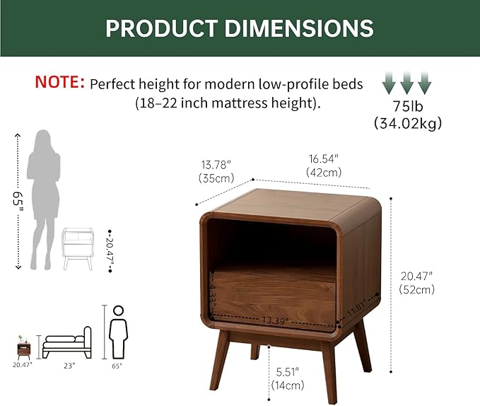 Walnut Night Stand Set of 2, Solid Wood Nightstand with Drawer, Walnut Bedside Table, Mid Century Modern Nightstand, Small Bed Side Table for Small Spaces Bedroom(Dark Black Walnut, 20.47" H)