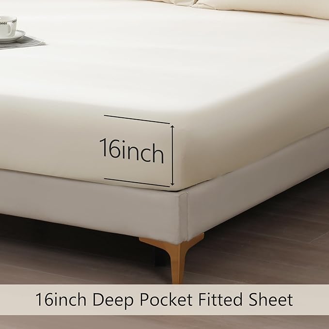 400TC Queen Sheets, Rayon Derived from Bamboo, Cooling Bed Sheets Set,Deep Pocket Up to 16", 4 Pieces Silky Soft, Breathable Bedding Sheets & Pillowcases,Cream