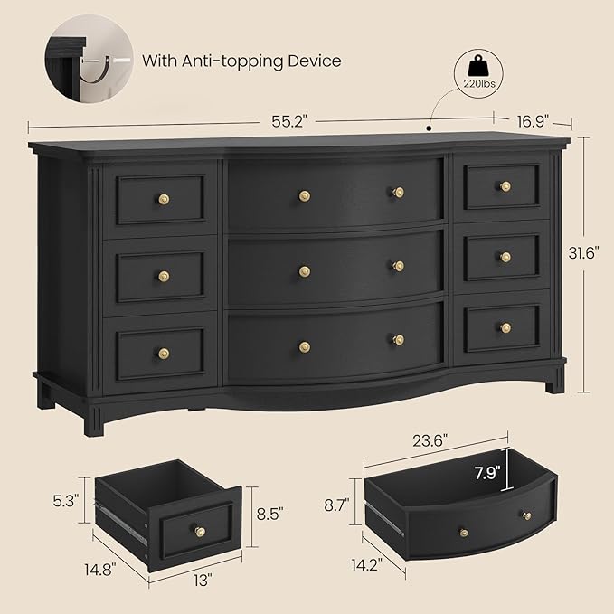 9-Drawer Chest, Wide Dresser with 3 Large Arc Fronts,Roman Column Decor, Spacious Bedroom Storage Furniture, 55 Inch Long (Black, 9 Drawer)