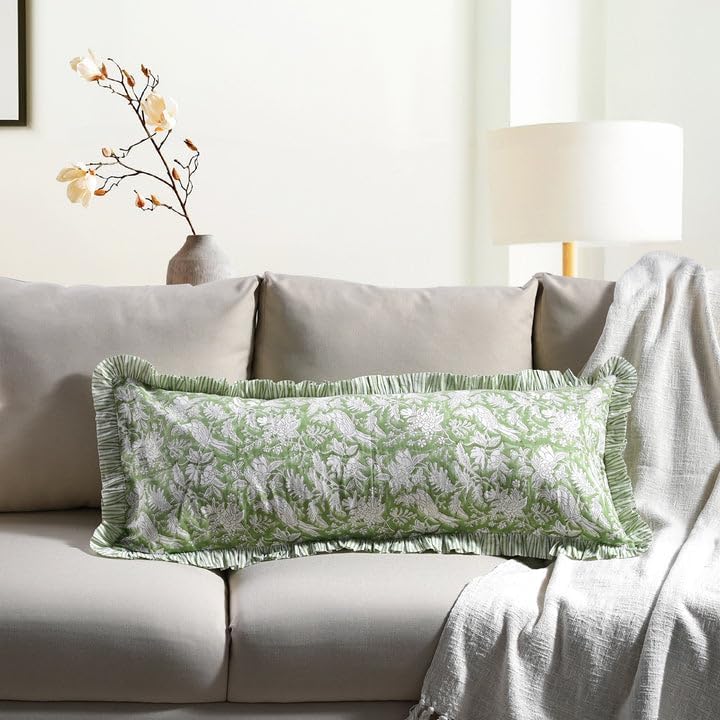 CPC Block Print Olive Green Ruffle Cotton Lumbar Pillow Cover 14x36 inch by COTTONPRINTCLUB