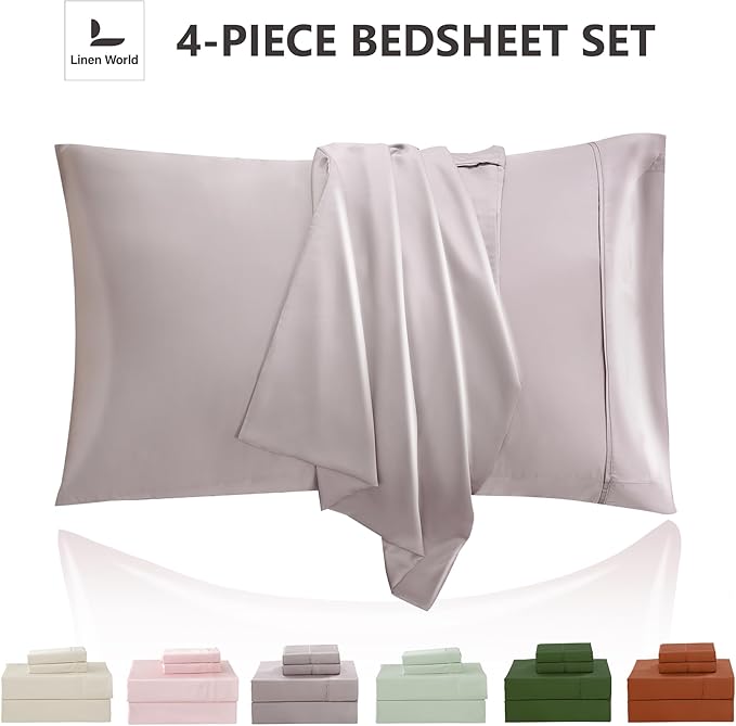 Linen World Queen Size 400TC Cooling Bed Sheet Set - 100% Organically Grown Viscose Sheets, Silky Soft & Breathable, Deep Pocket Fits Up to 16", 4-Piece Sheets with Pillowcases, Mauve