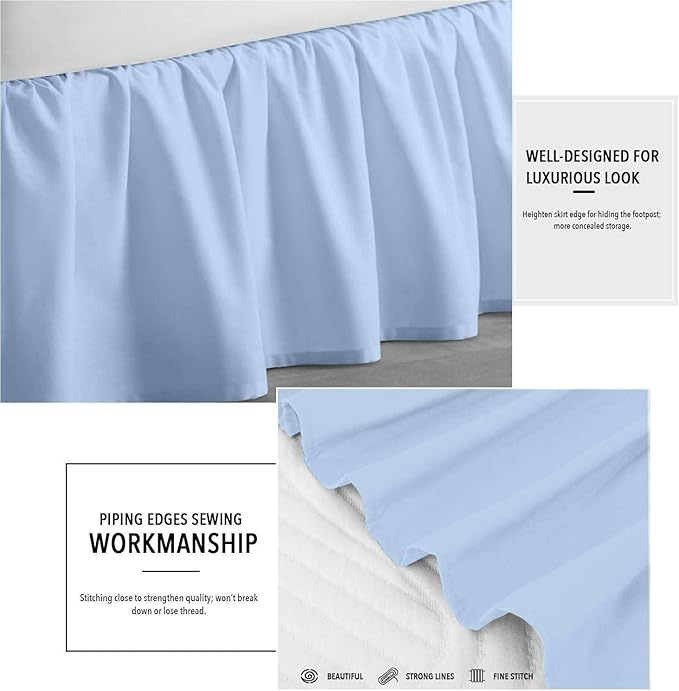 Light Blue Solid Ruffled Bed Skirt Full XL-26 Inch Drop Split Corner, Microfiber Bedskirt with Platform Three Sided Coverage