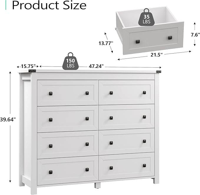 Dresser for Bedroom with 8 Drawers, Farmhouse Wood Chest of Drawers, Wide TV Stand Closet Storage Furniture with Metal Handle, Modern Clothes Organizer for Hallway, Living Room, Entryway, White