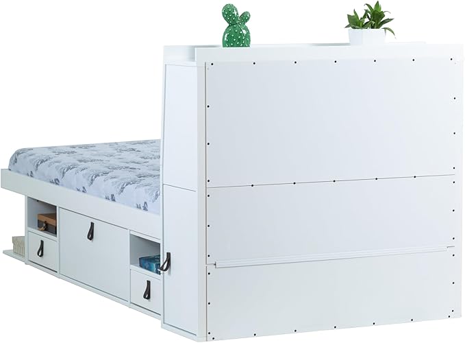 memomad Bali Set: Storage Platform Bed with Drawers + Bookcase Headboard (Twin Size, White Wood)