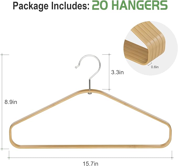 Bamboo Hangers - 50 Pack Slim Coat Hangers - 360-Degree Rotatable Hook, Suitable for Clothes, Jacket, Shirt, Tank Top, Pant (Natural, 50)