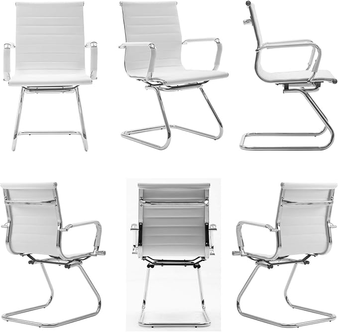 Wahson Office Guest Chairs Set of 2, Leather Reception Chairs, Mid Back Waiting Room Chair, Conference Chairs with Sled Base, Desk Chair No Wheels for Meeting/Lobby/Restroom, White