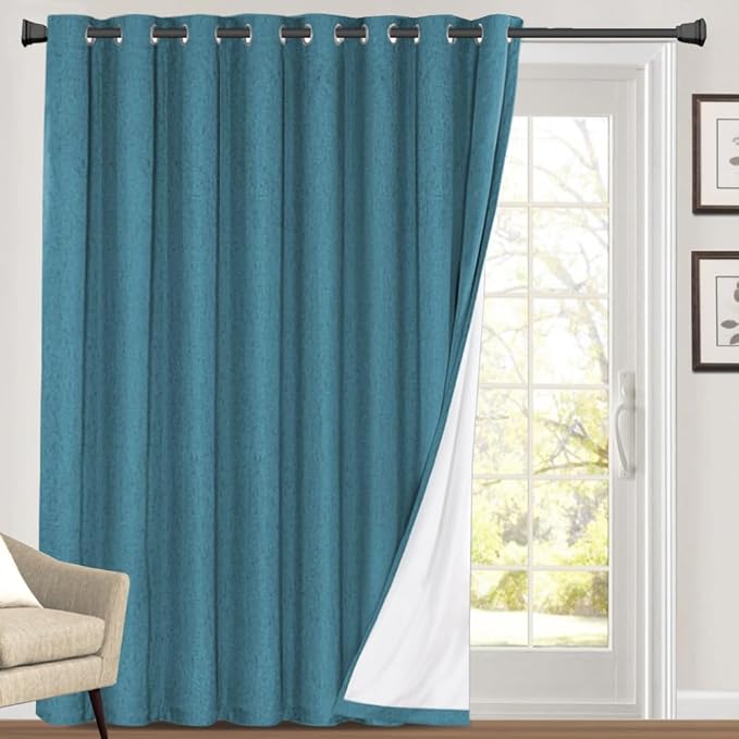 PrinceDeco 100% Linen Blackout Curtains Extra Wide Thermal Insulated Door Curtain Grommet Top Curtain Drapes for Living Room/Sliding Glass Door,100 X 96 Curtains,Blue Sapphire