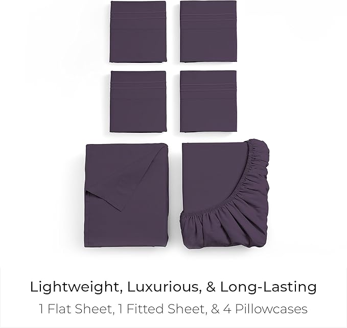 Mellanni Queen Sheet Set - 6-Piece Iconic Collection Bedding, (Including 4 Pillowcases), 16-Inch Deep Pocket, Easy Care, Extra Soft, Cooling Sheets, Brushed Microfiber - Purple