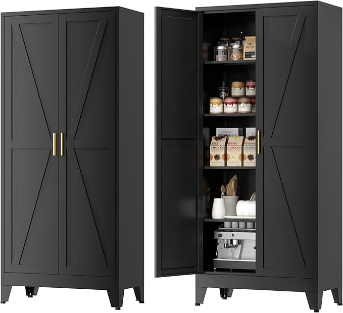 Farmhouse Pantry Cabinet with Barn Doors, 71" H x 31.5" W, 5-Tier Metal Storage Cabinet with 4 Adjustable Shelves for Kitchen Garage Dining Room, Black