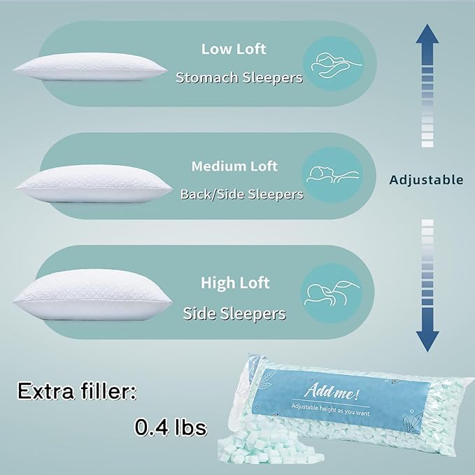 Memory Foam Pillows Queen Size Set of 2 - Adjustable Bed Pillows for Side Back Stomach Sleepers - with Washable Cooling Pillowcase