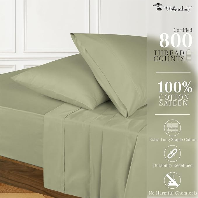 URBANHUT 800 Thread Count 100% Cotton King Size Sheets, Luxury 4 Piece King Bedsheets, Hotel Sheets Sateen Finish - Better Than Egyptian, 16" Elasticized Deep Pocket - Sage