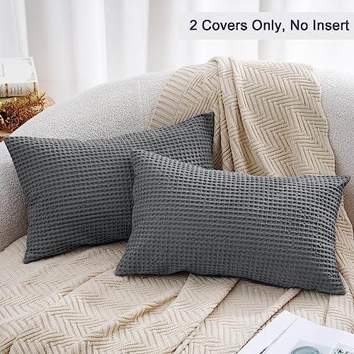 PHF Cotton Waffle Lumbar Pillow Covers 12" x 20", Charcoal Grey, No Insert - Image 3