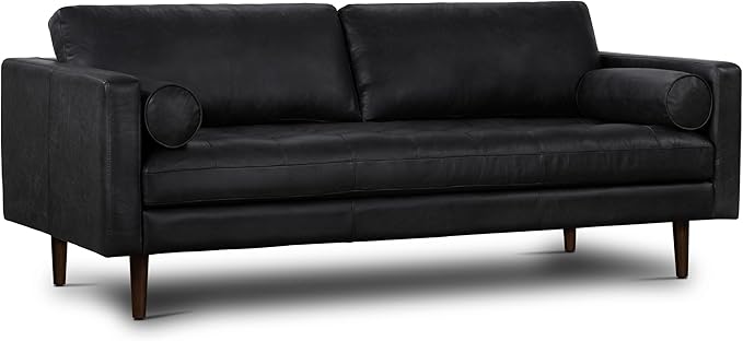 POLY & BARK Napa 88.5" Leather Sofa – Full-Grain Italian-Tanned Aniline Leather, Feather-Down Comfort, Solid Wood Frame, Walnut Legs, Onyx Black