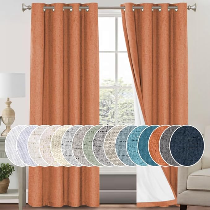PrinceDeco Blackout Curtains for Bedroom 96 Inches Long Linen Look Curtains for Living Room Black Out Curtains Room Darkening Thermal Curtains with White Liner Backing for Nursery Decor,Orange