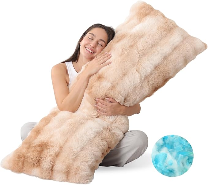 ZonLi Bubble Plush Body Pillow,Fluffy Faux Rabbit Fur Body Pillow for Adults,Long Pillow for Sleeping with Removable Pillowcase and Zipper Closure,Adjustable Filling Memory Foam（Light tan）